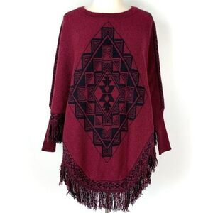 Twiggy London Art to Wear Thick Knit Boho Aztec Pattern Fringe Poncho Sweater
